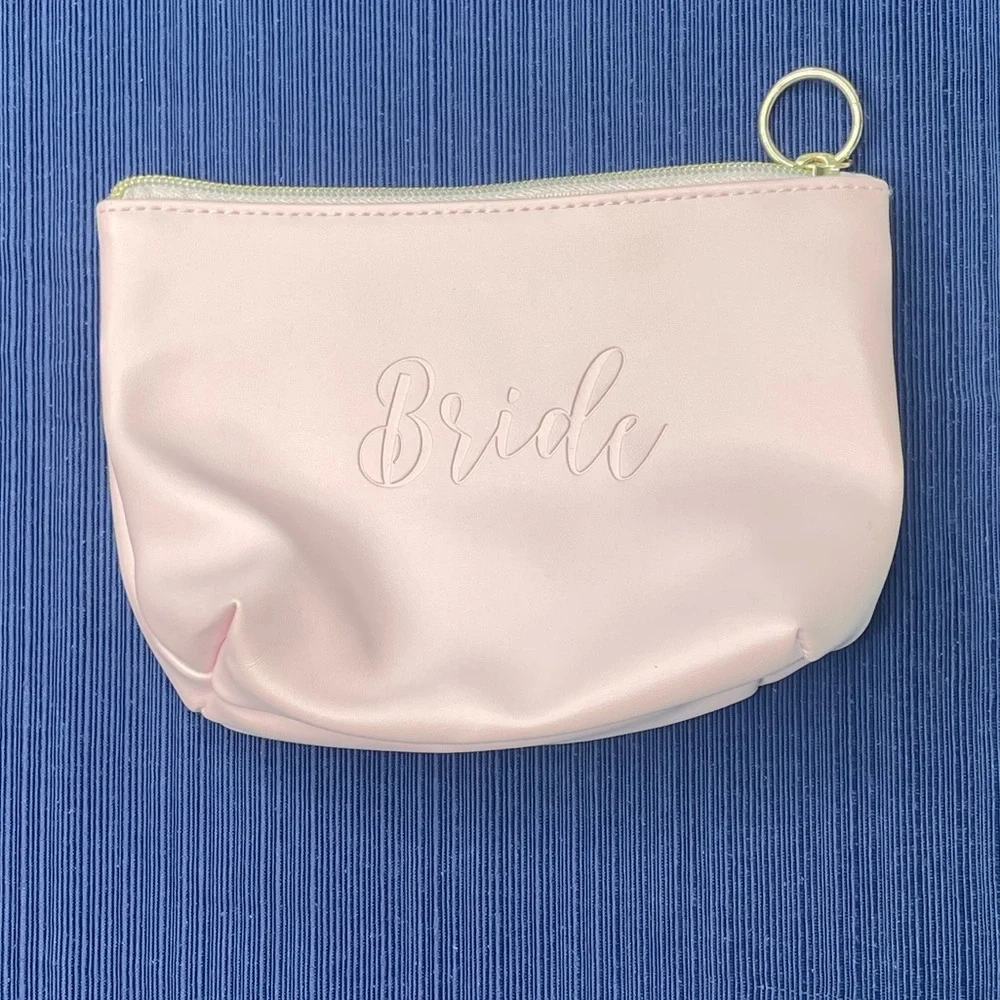 Bride Blush Pink Cosmetic Makeup Bag Vegan Leather Bridal Wedding Zipper Pouch